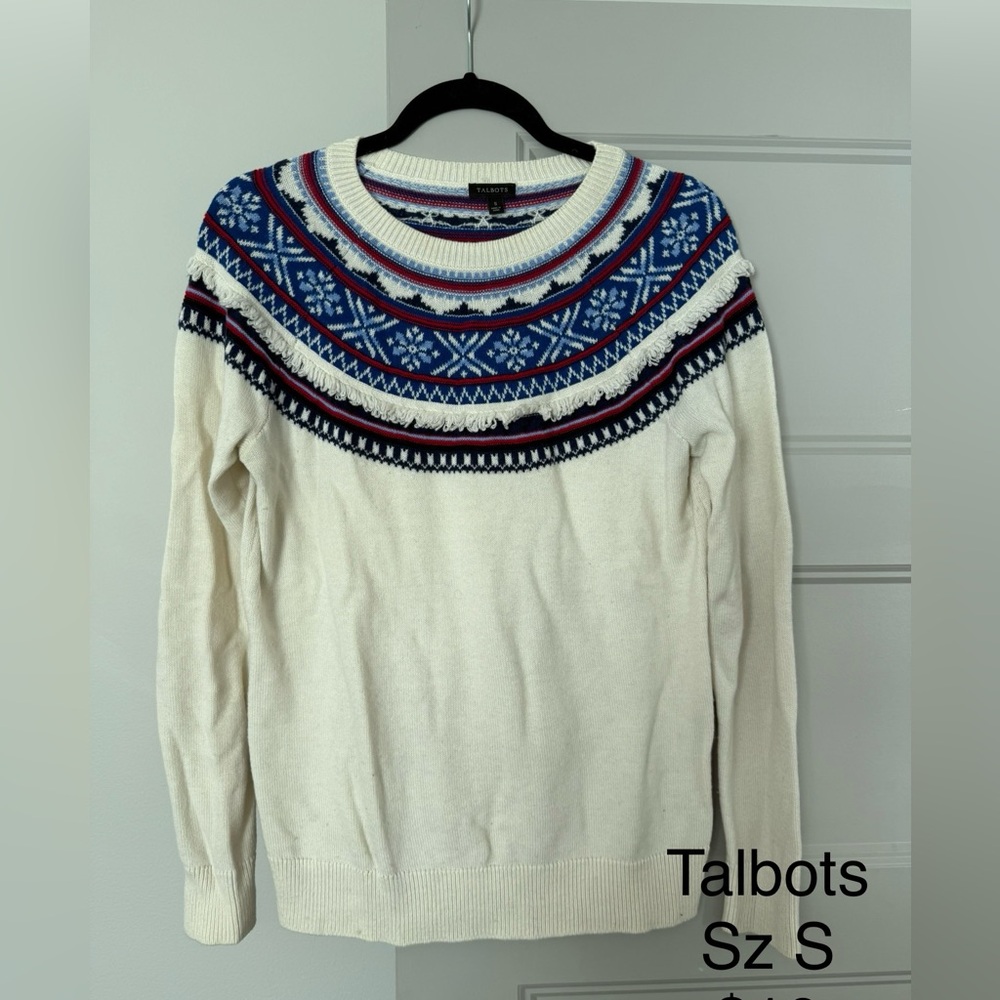 Talbots Ivory Sweater with Navy and Crimson Design